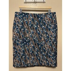 Talbots Peacock Print Pencil Skirt Blue Green Stretch Lined Zip Women's Size 16